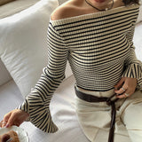 PICSGIRL  -  Women Classic Chic Striped Flare Sleeve Knit Top Frenchy Style Off Shoulder Oufit Fall Winter Knitwear