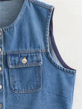 PICSGIRL  -  Spring Summer Female High Waist Solid Vest Outwear Women Single Breasted O-Neck Sleeveless Casual Blue Denim Tops