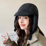 PICSGIRL  -  Down Cotton Bomber Hats for Women Winter Windproof Ear Protection Cap Warm Thick Motorcycle Lining Korean Solid Cycling Ski Hat