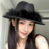 PICSGIRL  -  Black Fedora Hat For Women Men British Style Outdoor Flat Brim Top Hat Female Ostrich Fur Furry Wide Brim Party Cap Lady