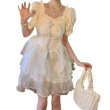 PICSGIRL -  French Bubble Sleeves Princess Skirt Sweet Girl Fluffy Skirt Slimming Dress Bow