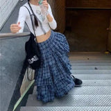 PICSGIRL -  High Waist Contrast Color Plaid Loose Mid-Length Skirt Women 2024 Spring New Streetwear Fashion All Match Pleated Cake Skirt