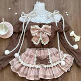 PICSGIRL  -  Japanese Sweet Cute Skirt Two Piece Set Spliced Lotus Leaf Edge Waist Cinching Slimming One Shoulder Top + High Waist Cake Skirt