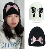 PICSGIRL  -  Autumn Winter Bow Embroidery Knitted Hats Women Girls Fashion Pink Bow Warm Adult Beanie Hat Korean Skullies Caps Female Bonnet