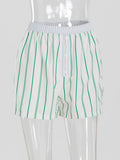 PICSGIRL  -  Summer Green Striped Button Shorts Women 2024 New Streetwear Casual Mid Waist All-match Short Pants Beach Holiday Fashion Shorts