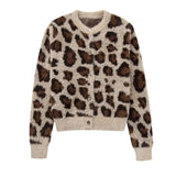 PICSGIRL  -  Leopard Print Knit Sweater Cardigan For Women O-Neck Jacquard Long Sleeve Knitted Jacket 2025 New Casual Female Outwear