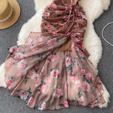 PICSGIRL  -  Casual Summer V Neck Butterfly Sleeve Print Robe Slim French Style Vintage Bodycon Mujer Mermaid Drawstring Lace Up Dress