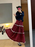 PICSGIRL  -  Vintage Y2k Long Skirt Women Red Harajuku Streetwear Plaid Skirt Korean Style Retro Patchwork Ruffle Skirts Aesthetics