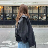 PICSGIRL  -  Fashion Striped Scarf Collar Short Jacket Women Elegant Wool Blend Single Breasted Crop Coat 2024 New Autumn Street Warm Outwear