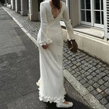 PICSGIRL  -  White Knitted Ruffle Long Dress Women's Elegant O-Neck Long Sleeve Evening Gown Slim Backless Bandage Long Dress Robe