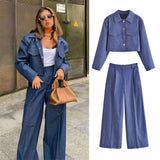 PICSGIRL  -  Women Blue Crop Blazer and Pants Elegant Lapel Long Sleeve Pocket Tops Leg Ankle-Length Long Trousers Office Lady Suit