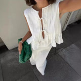 PICSGIRL  -  Summer Fashion Cotton Linen Skirts Two Piece Sets Women Casual Outfits Draped Sleeveless Tops and Long Skirts Suits 2024