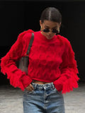 PICSGIRL  -  Luxury Red O-neck Knitted Pullover Women Chic Tassels Spliced Long Sleeves Cropped Sweater 2024 Autumn Lady Street Knitwear ﻿