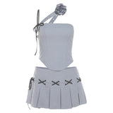 PICSGIRL  -  party look snspos Trendy Girls Sexy Gray 2 Piece Sets Slim Sleeveless 3D Flower Asymmetric Vest+Low-waist Cross Design Pleated Skirt Clubwear