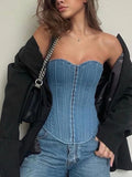 PICSGIRL  -  Lace Up Denim Tank Top Women Clothing Slim Sexy Sleeveless Crop Tops Female Holiday Casual Bodycon Top Corset Woman