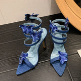 PICSGIRL  -  Embroidery Butterfly Ankle Strap High Heeled Sandals Women Sexy Pointed Toe Gladiator Heels Summer Party Dress Shoes Denim Blue