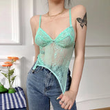 PICSGIRL  -  Sweet Lace Patchwork Women Strap Crop Top Camis V Neck Patchwork Irregular See Through Sheer Bodycon Sexy Y2k Summer Clothes