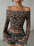 PICSGIRL  -  Leopard Printed Mesh T-shirt Top For Women Off-Shoulder Long Sleeve Cropped Y2k Top Pullover Contrast Female Slim Tee 2024