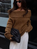 PICSGIRL  -  Women Chic Solid Off Shoulder Loose Knitted Pullover Fashion Long Sleeve Warm Sweater 2024 Autumn Lady New Casual Knitwear Top