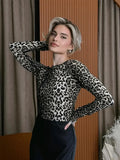 Picsgirl Women Chic Skinny Leopard Printed T-shirt Slim Fitting Round Neck Long Sleeves Top 2024 Spring Autumn Lady Elegant Pullover Tees