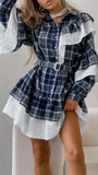 PICSGIRL  -  Ruffled Patchwork Shirt Mini Dress Women's Plaid Long Sleeve Lace Belt Single Breasted Dress Slim A-Line Mini Dress Y2k