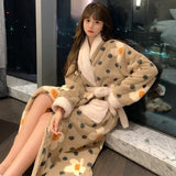 PICSGIRL  -  Women Print Mid-calf Robes Design Winter Warm Thick Korean Style Homewear Lounge Casual Popular Feminino Fashion Loose Bathrobe