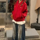 PICSGIRL  -  Oversized Red Hooded Zip-up Women Harajuku Vintage Winter Long Sleeve Outerwears Autumn New Sweatshirt Essentials 2024