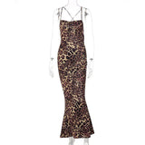 PICSGIRL  -  Sxey Leopard Printed Woman Evening Party Dress Backless Sleeveless Bodycon Midi Dresses Lace-up Vintage Dress Y2k Retro