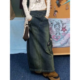 PICSGIRL  -  Autumn Women Blue Denim Pocket Half Body Skirt High Waist Casual Korean Mid Length Baggy Vintage Y2K Straight Denim Long Skirt