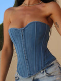 PICSGIRL  -  Lace Up Denim Tank Top Women Clothing Slim Sexy Sleeveless Crop Tops Female Holiday Casual Bodycon Top Corset Woman