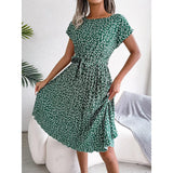 PICSGIRL  -  Summer Women Short Sleeve Floral Print Lace-up Dress Fashion Elegant Knee-length Dresses New Round Neck Folds Vestidos