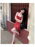 PICSGIRL  -  Dress Holiday Summer Women's 2024 Elegant Vintage Phuket Girl Red Floral Sling Vacation Hot Girl Style Short Female Y2k Dresses