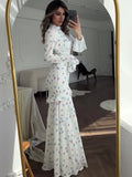 PICSGIRL  -  Ruffle Printed Long Sleeve Long Dress Women's Elegant Contrast Color Slim Fit Lace Waist Casual Summer Fashion Long Dress