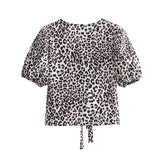 PICSGIRL  -  Women Casual Leopard Shirt Blouse Fashion 2024 Summer V-neck Cardigan Lace-up Animal Print Short-sleeved Shirt Women Tops