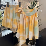 PICSGIRL  -  Tie-dye Print Lace-up Tank Top And Shorts Set Round Neck Summer Vest Shorts Yellow Vacation Casual Loose Women Outfits 2024 New