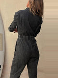 PICSGIRL  -  Women Slim Denim Jumpsuits Long Pants Rompers Springturn Down Collar Loose One Piece Full Sleeve Tight High Waist Overalls