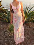 PICSGIRL  -  Flower Print Lace Trim Cut Out Camisole Dresses Sleeveless Spliced Skinny Side Split Sexy Elegant Frocks