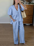PICSGIRL  -  Cotton Loose Female Pajama 2 Piece Suit Short Sleeve Nightgown Sexy V-Neck Sleepwear Pants Casual Women Nightwear Set