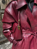 PICSGIRL  -  Fashion Retro Wine Red Long Women's Coat Turndown Collar Double Breasted Coats with Belt Vintage Windproof Winter Overcoat