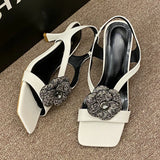 PICSGIRL  -  Rhinestone Flower High Heel Sandals Women Luxury Sandals Square Head Pumps Women Designers Diamond Flowers Party Dress Shoes