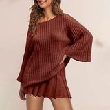 PICSGIRL  -  Knitted Mini Skirts Set Women 2 Pieces Flare Sleeve Sweater A-line Skirt Pleated Elegant New Lady All-matching Outfit Spring