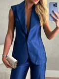 PICSGIRL  -  Padded Shoulder Backless Design Women's Suit Sleeveless Deep V Vest Top Slim Straight Pants 2024 Fashion Commuter Women's Suits