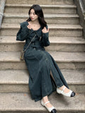 PICSGIRL  -  Retro Thick Denim Dress 2024 New Autumn Women's Doll Collar Single Breasted Long Sleeve Dress Fashion High Street Slimming Wear