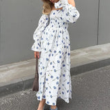 PICSGIRL  -  2024 Female Long Sleeve Elastic Party Dress French Floral Print Women Long Dress Casual Women One Shoulder Swing A-line Dress