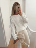 Picsgirl -  Sweety Solid Bow Knitted Sweater For Women Elegant O Neck Long Sleeve Loose Jumpers 2024 Chic Spring Ladies High Street Knitwear