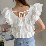 PICSGIRL  -  Women Vintage Blouse Layer Ruffled Square Neck Shirt Women Flying Sleeve Chic Design Loose Casual French Sweet Crop Tops