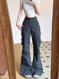 PICSGIRL  -   Grey Flare Cargo Sweatpants Women Y2k Harajuku Vintage Baggy Zipper Korean Style Wide Leg Pants Streetwear Chic Trousers