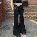 PICSGIRL  -  Gothic Style Wide Waistband Flare Jeans High Street Y2K Retro Fashion Denim Pants Black Casual Punk Boot Cut Trousers