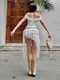 PICSGIRL  -  Fashion Sweet 2 Piece Set Women One Shoulder Fishbone Tops+Multi-Layered Ruffles Tassel Mini Skirt Flowers Matching Suit