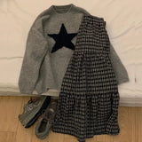 PICSGIRL  -  Autumn/Winter New Retro Casual Two Piece Set Women Outfits Simple Grey Round Neck Knitted Sweater+Plaid Skirt Maxi Skirt Set